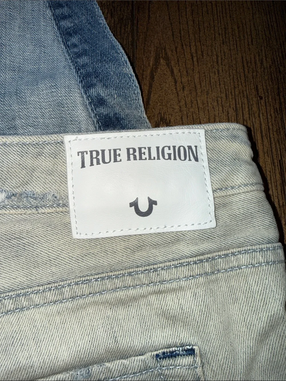 True Religion Two-Tone White Beige and Dark Blue Denim Short Overalls